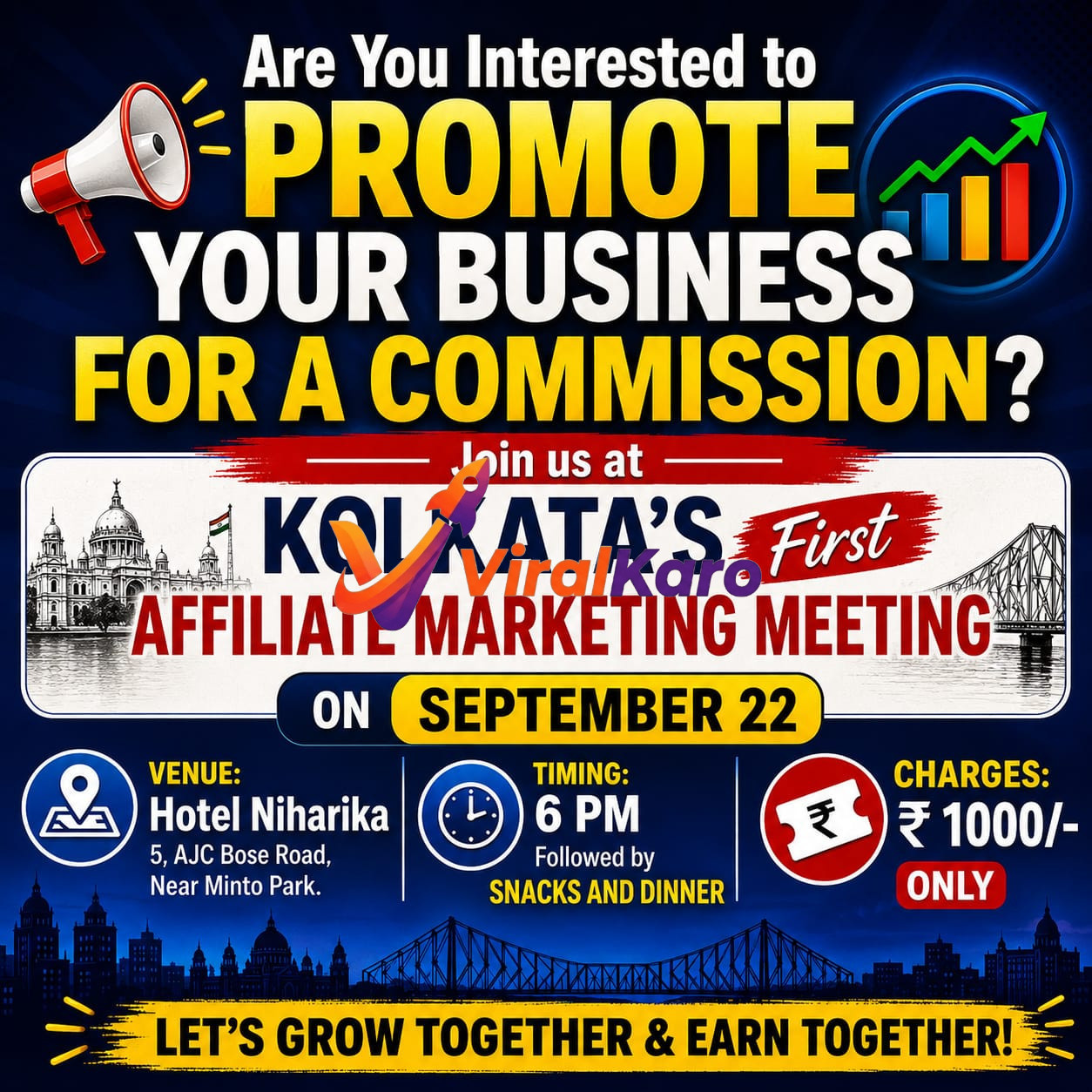 Event poster for Kolkata's first affiliate marketing meeting at Hotel Niharika, AJC Bose Road, on September 22nd.