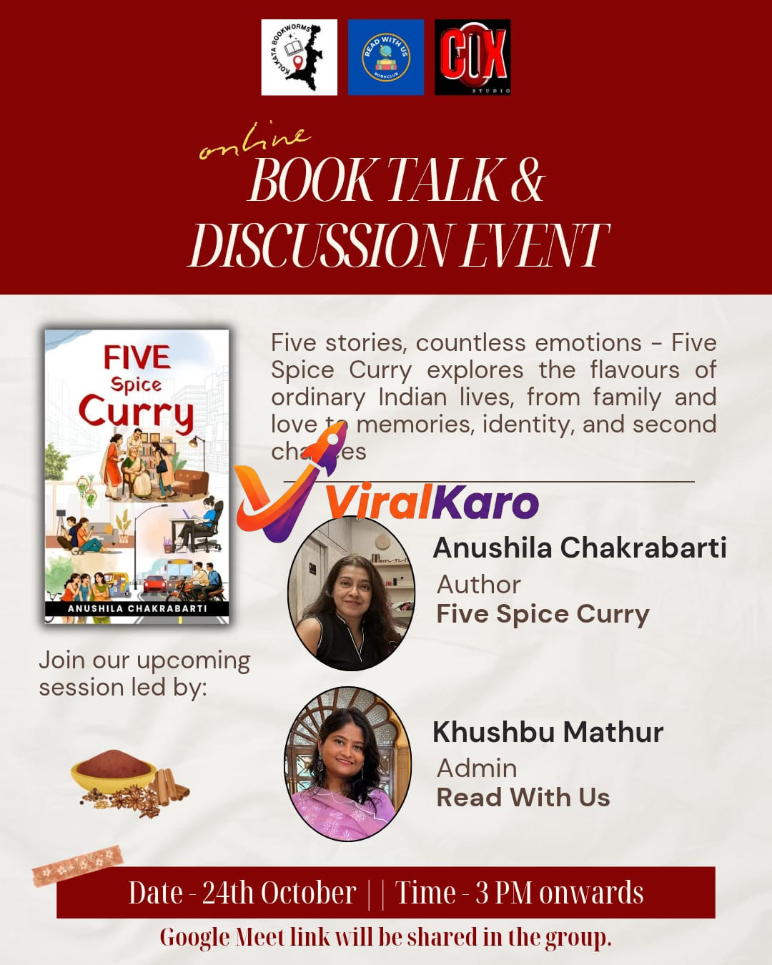 Event flyer for an online book talk titled Five Spice Curry, featuring author Anushila Chakrabarti and moderator Khushbu Mathur, organized by Kolkata Bookworms.