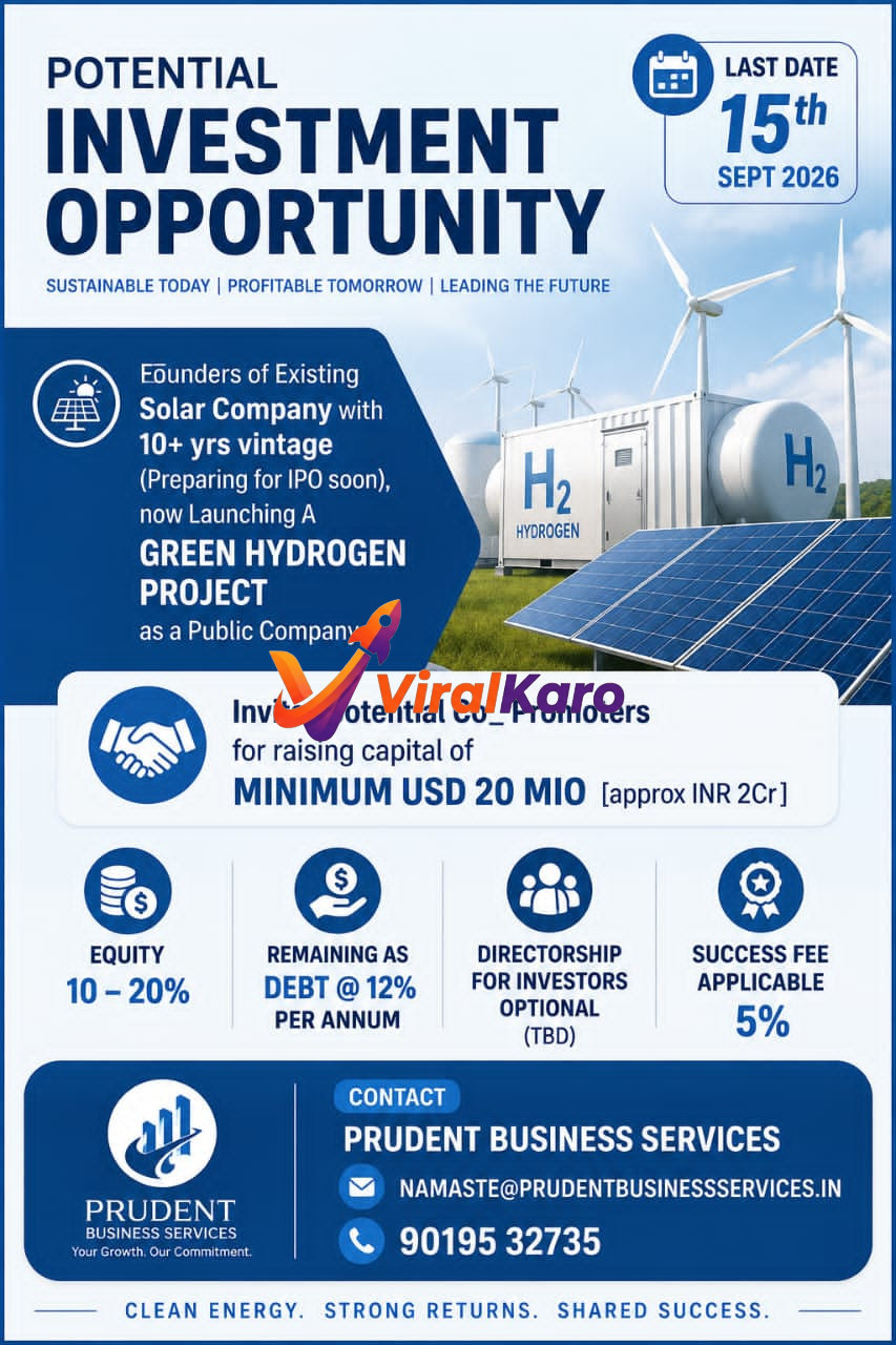 Digital flyer announcing an investment opportunity for a Green Hydrogen project by Prudent Business Services with wind turbines and solar panels in the background.
