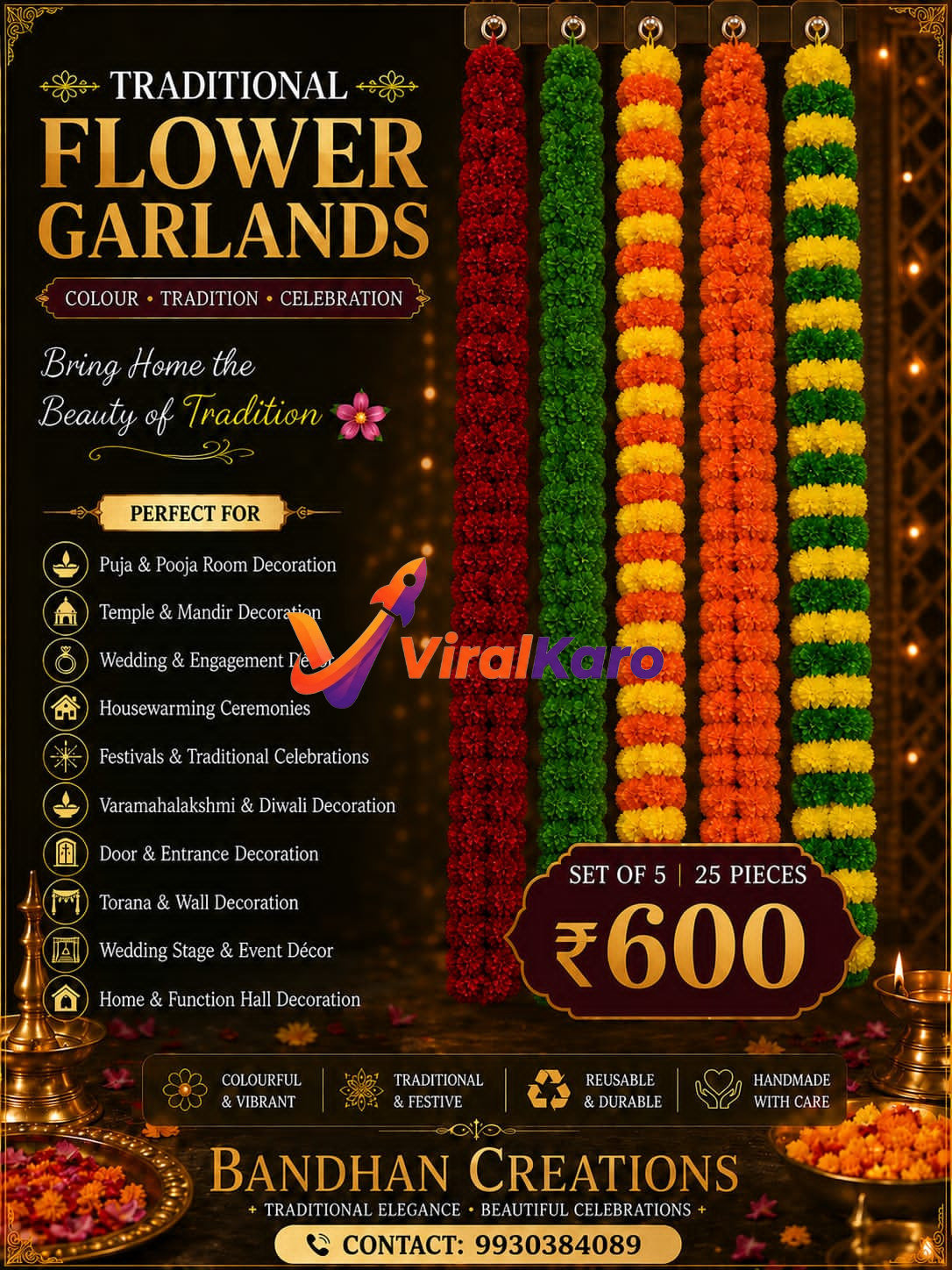 A set of five colorful traditional artificial flower garlands in red, green, yellow, and orange hanging, presented by Bandhan Creations for festive decoration.
